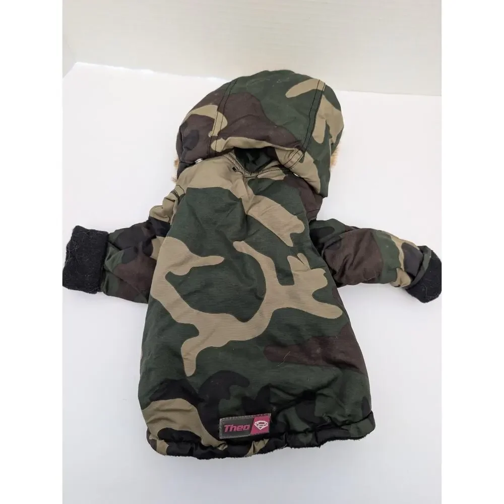 Theo Camo Hooded Dog Jacket Faux Fur Trim Front Sleeves Cozy Winter Coat